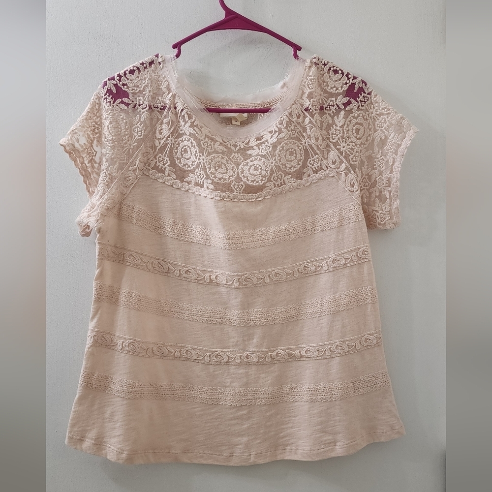 Meadow Rue Lace Yoke Short Sleeve Top - Pale Pink, Size Medium, Cotton.